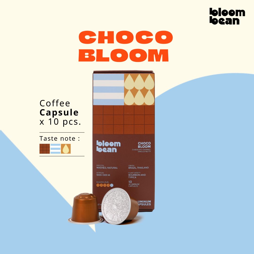กาแฟแคปซูล Bloom Bean ถัวยอลูมิเนียม ใช้กับเครื่องชงทุกยี่ห้อที่ใช้แคปซูลขนาดเล็ก กล่องละ 10 แคปซูล