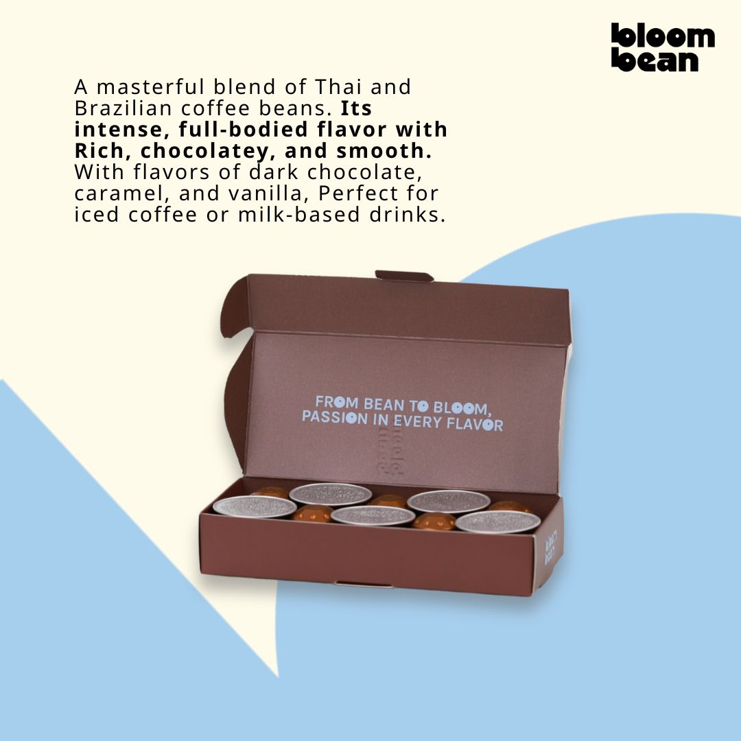 กาแฟแคปซูล Bloom Bean ถัวยอลูมิเนียม ใช้กับเครื่องชงทุกยี่ห้อที่ใช้แคปซูลขนาดเล็ก กล่องละ 10 แคปซูล