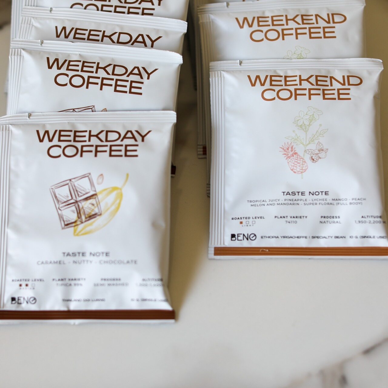 Weekday coffee drip bag กาแฟถุงดริป พร้อมดื่ม Beno กาแฟไทยแท้ Typica Bean ดอยหลวง